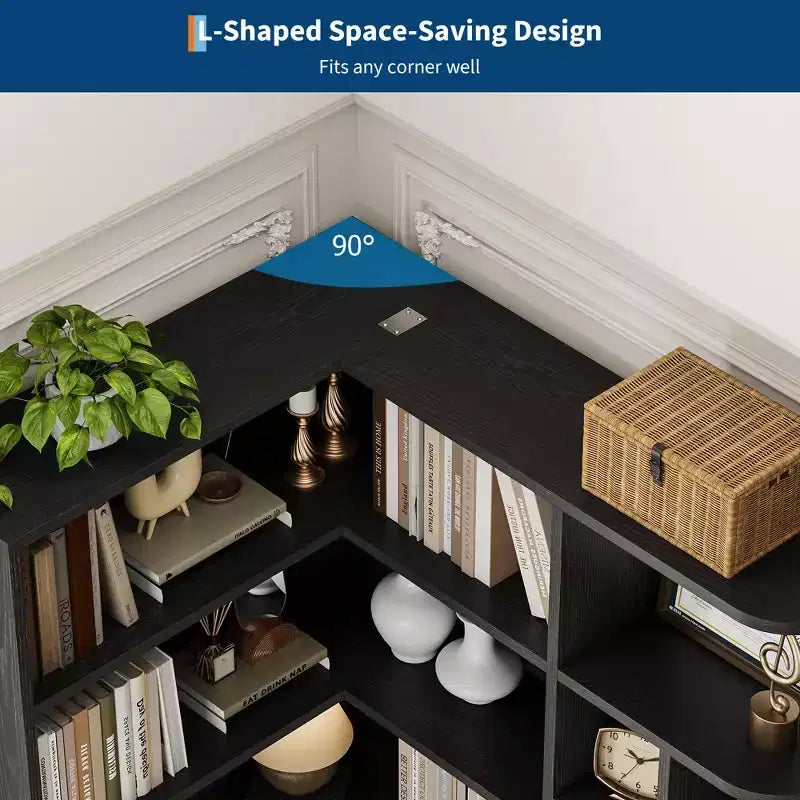 Corner Bookshelf, 74 Tall Corner Bookshelves, 6 Tiers L-Shaped Bookcase with Open Shelves and Storage Drawers for Living Room or Home Office
