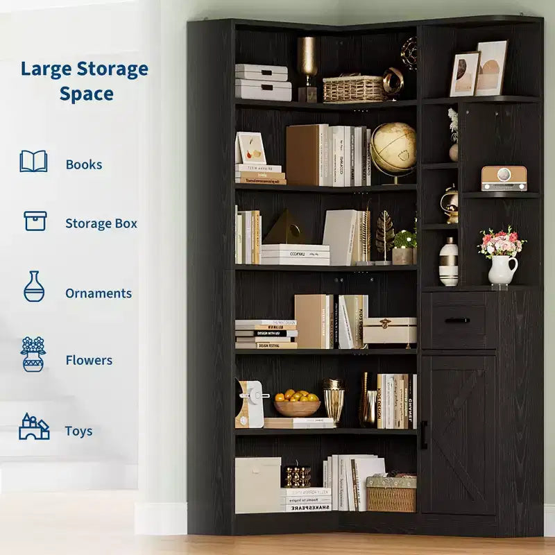 Corner Bookshelf, 74 Tall Corner Bookshelves, 6 Tiers L-Shaped Bookcase with Open Shelves and Storage Drawers for Living Room or Home Office