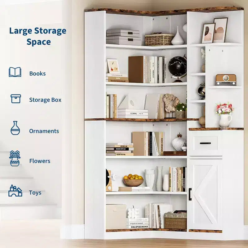 Corner Bookshelf, 74 Tall Corner Bookshelves, 6 Tiers L-Shaped Bookcase with Open Shelves and Storage Drawers for Living Room or Home Office