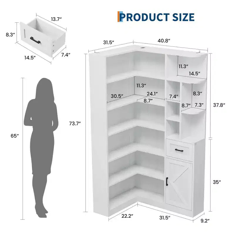 Corner Bookshelf, 74 Tall Corner Bookshelves, 6 Tiers L-Shaped Bookcase with Open Shelves and Storage Drawers for Living Room or Home Office