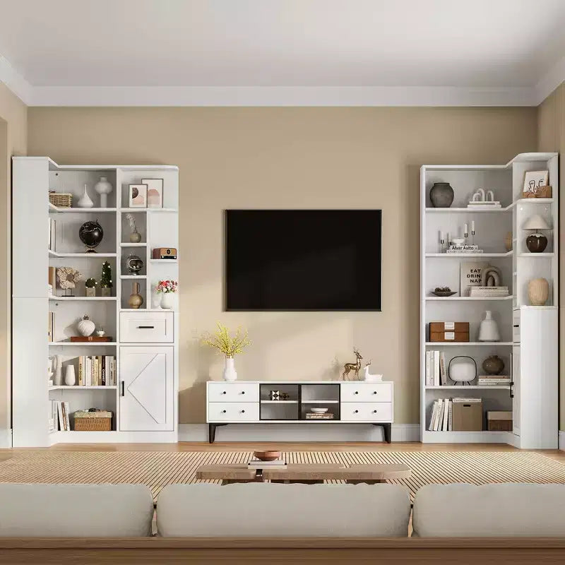 Corner Bookshelf, 74 Tall Corner Bookshelves, 6 Tiers L-Shaped Bookcase with Open Shelves and Storage Drawers for Living Room or Home Office
