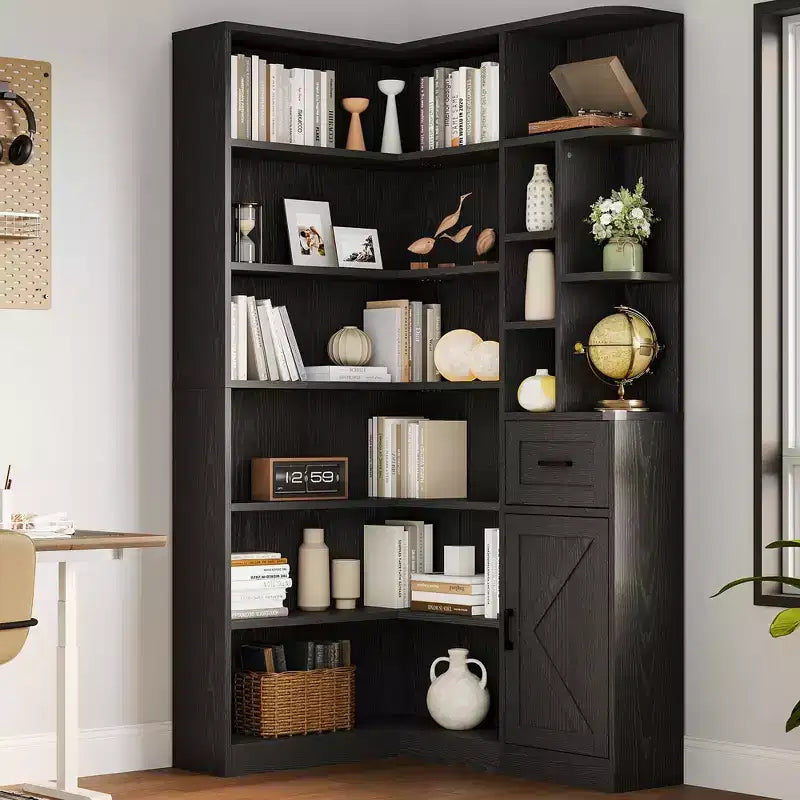 Corner Bookshelf, 74 Tall Corner Bookshelves, 6 Tiers L-Shaped Bookcase with Open Shelves and Storage Drawers for Living Room or Home Office
