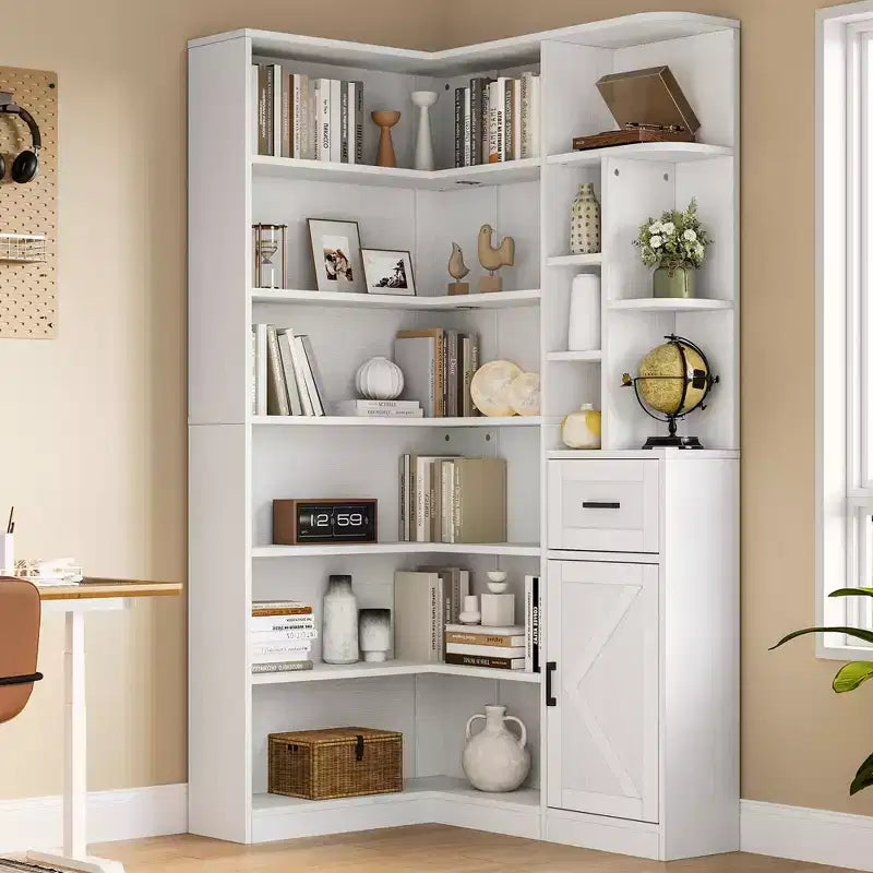 Corner Bookshelf, 74 Tall Corner Bookshelves, 6 Tiers L-Shaped Bookcase with Open Shelves and Storage Drawers for Living Room or Home Office