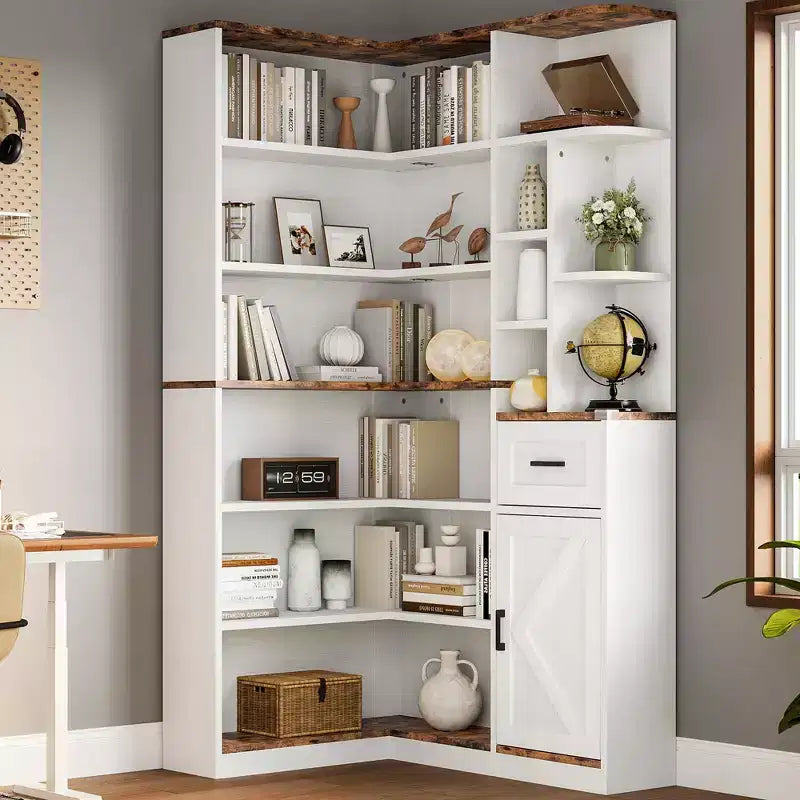 Corner Bookshelf, 74 Tall Corner Bookshelves, 6 Tiers L-Shaped Bookcase with Open Shelves and Storage Drawers for Living Room or Home Office
