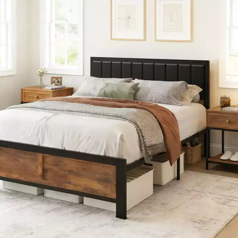 Dyonery Bed Frame, PU Leather Upholstered Headboard, Metal Platform Bed with Under Bed Storage, No Box Spring Needed, Noise Free, Easy Assembly