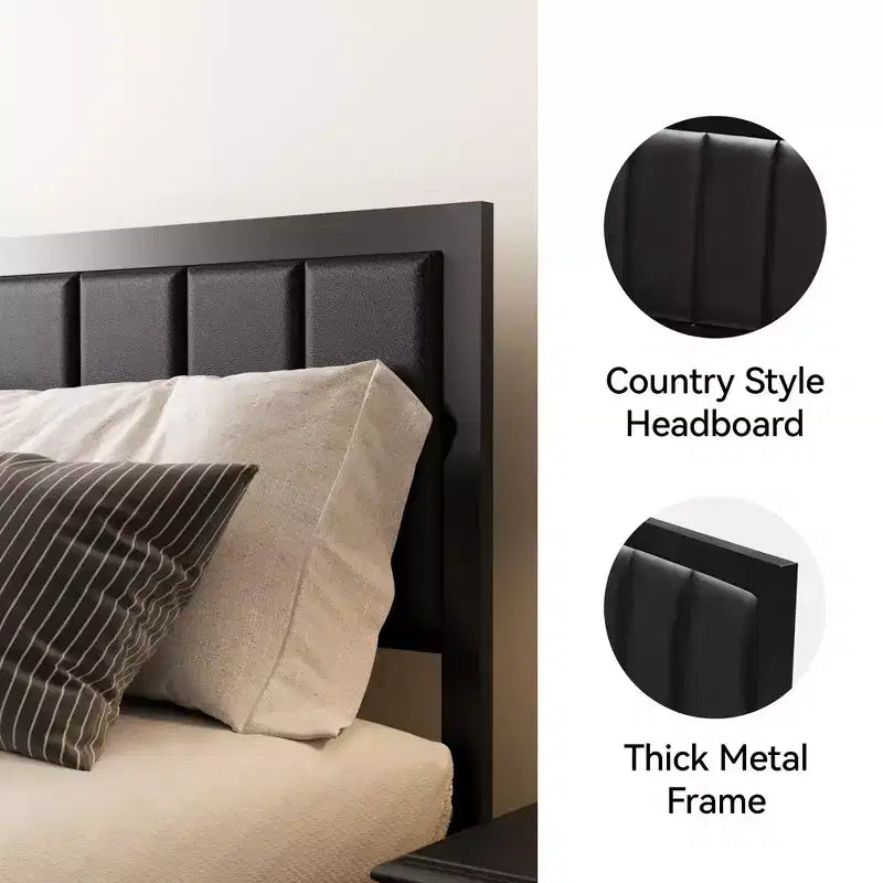 Dyonery Bed Frame, PU Leather Upholstered Headboard, Metal Platform Bed with Under Bed Storage, No Box Spring Needed, Noise Free, Easy Assembly