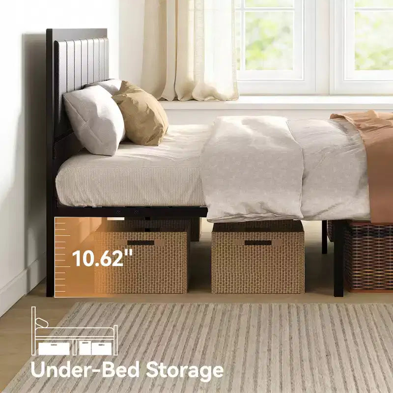 Dyonery Bed Frame, PU Leather Upholstered Headboard, Metal Platform Bed with Under Bed Storage, No Box Spring Needed, Noise Free, Easy Assembly