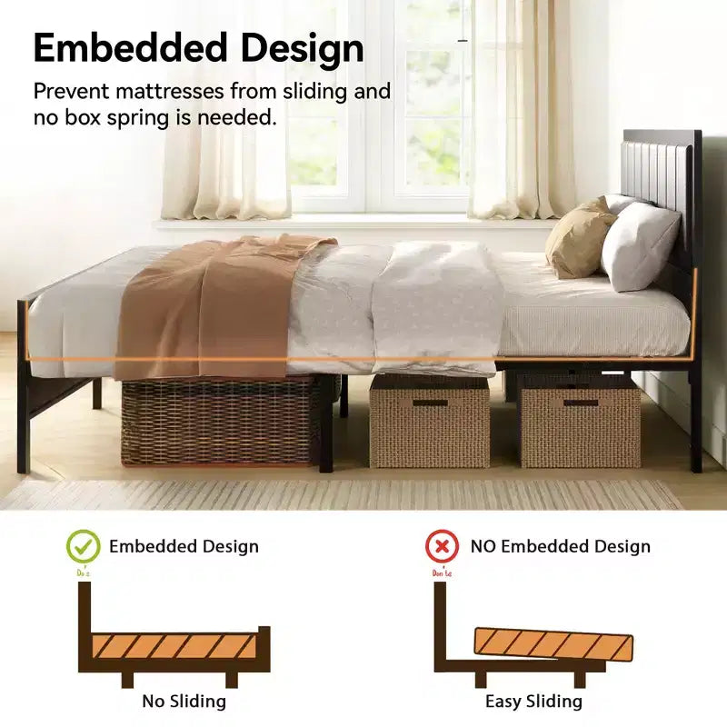 Dyonery Bed Frame, PU Leather Upholstered Headboard, Metal Platform Bed with Under Bed Storage, No Box Spring Needed, Noise Free, Easy Assembly