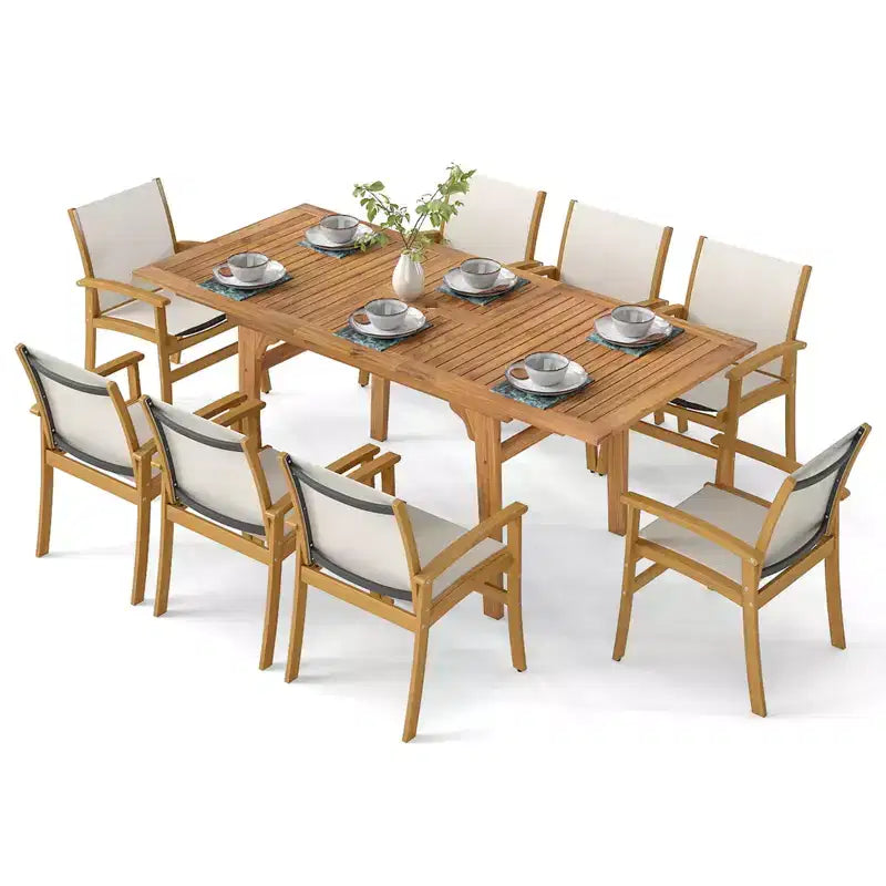 Costway 9PCS Acacia Wood Outdoor Dining Set with 1.97 Umbrella Hole for Backyard, Garden
