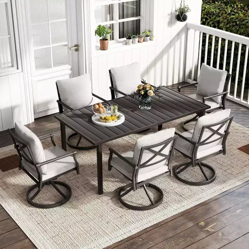 Ensemble de salle à manger de patio HAPPATIO, ensemble table et chaises d'extérieur, chaises en métal thermolaqué avec coussins, table avec trou pour parasol pour terrasse, jardin, pelouse