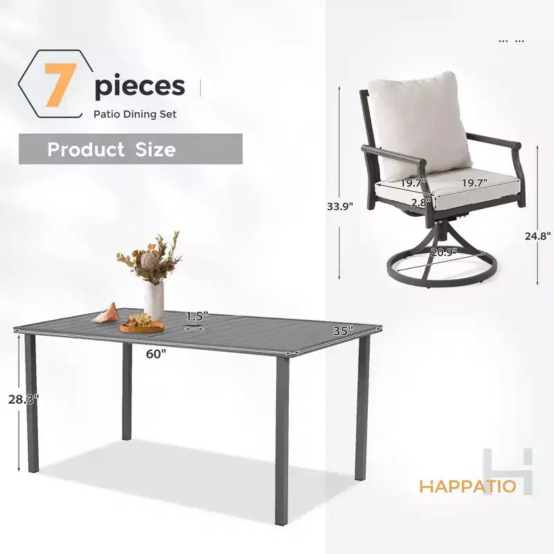Ensemble de salle à manger de patio HAPPATIO, ensemble table et chaises d'extérieur, chaises en métal thermolaqué avec coussins, table avec trou pour parasol pour terrasse, jardin, pelouse