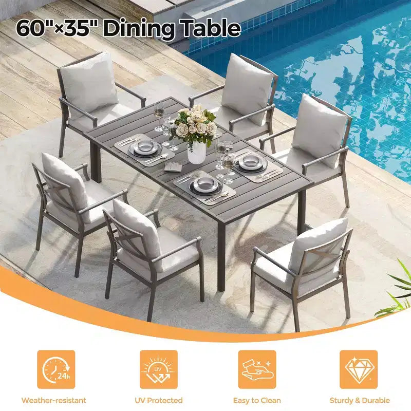 Ensemble de salle à manger de patio HAPPATIO, ensemble table et chaises d'extérieur, chaises en métal thermolaqué avec coussins, table avec trou pour parasol pour terrasse, jardin, pelouse
