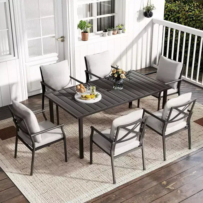 Ensemble de salle à manger de patio HAPPATIO, ensemble table et chaises d'extérieur, chaises en métal thermolaqué avec coussins, table avec trou pour parasol pour terrasse, jardin, pelouse