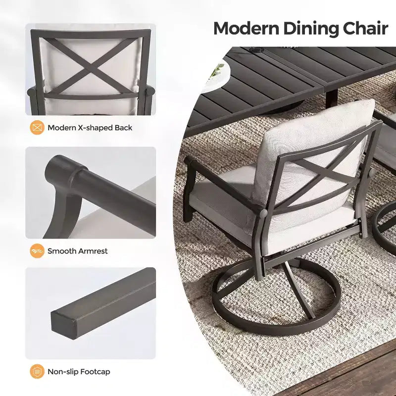 Ensemble de salle à manger de patio HAPPATIO, ensemble table et chaises d'extérieur, chaises en métal thermolaqué avec coussins, table avec trou pour parasol pour terrasse, jardin, pelouse