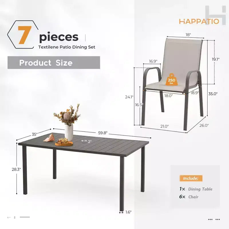 Ensemble de salle à manger d'extérieur HAPPATIO, chaises et table de salle à manger en textilène avec trou pour parasol, chaises empilables pour jardin, patio et bord de piscine