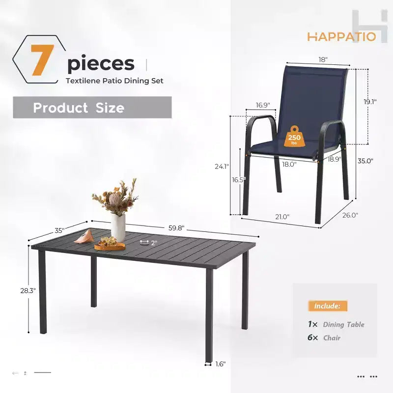 Ensemble de salle à manger d'extérieur HAPPATIO, chaises et table de salle à manger en textilène avec trou pour parasol, chaises empilables pour jardin, patio et bord de piscine