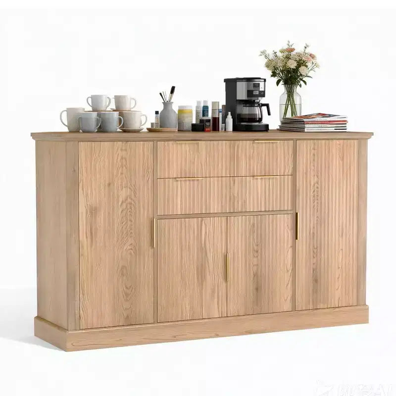 Modern Farmhouse 58 Inch Sideboard Buffet Cabinet with Gold Handles, 4 Doors, 2 Drawers, Adjustable Shelf - Fluted Design Coffee Bar, Dining