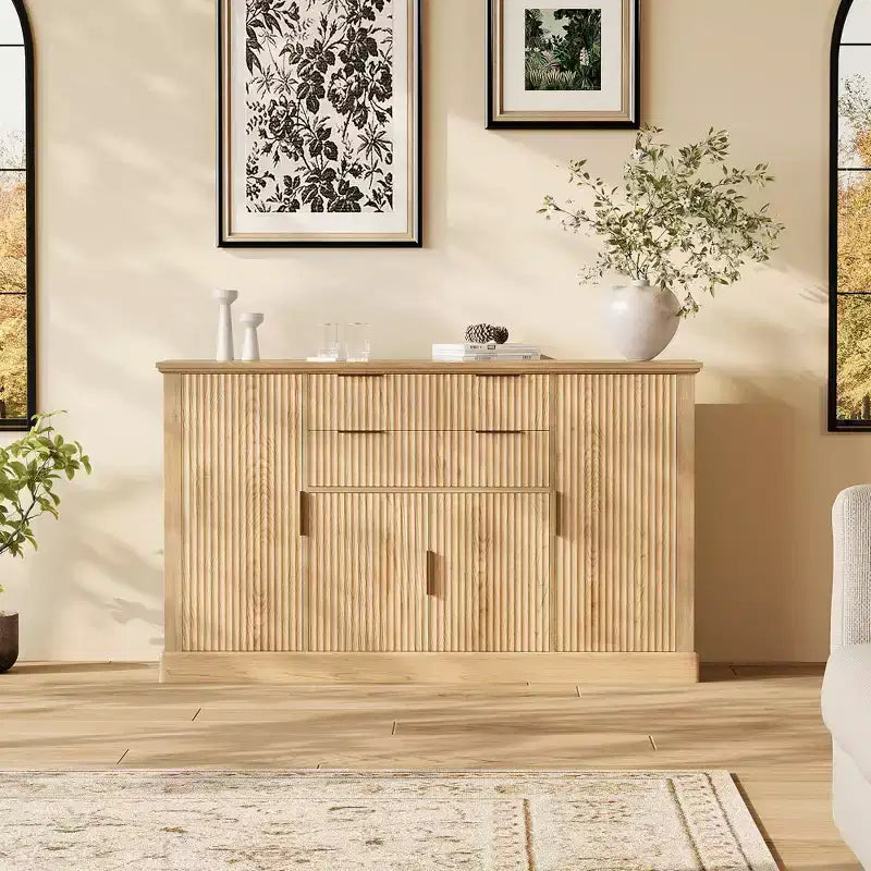 Modern Farmhouse 58 Inch Sideboard Buffet Cabinet with Gold Handles, 4 Doors, 2 Drawers, Adjustable Shelf - Fluted Design Coffee Bar, Dining