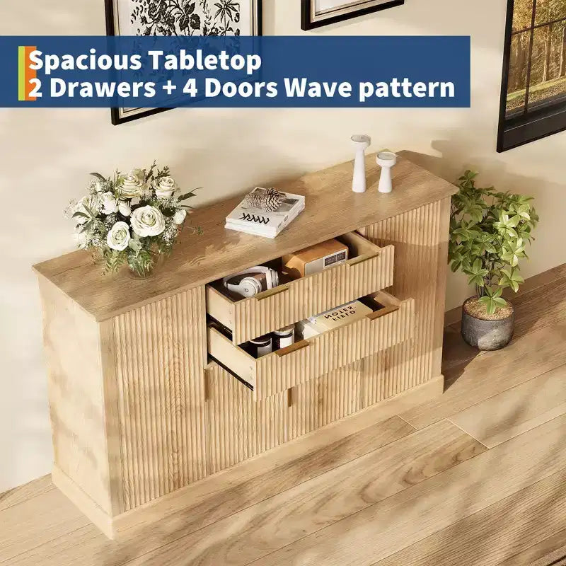 Modern Farmhouse 58 Inch Sideboard Buffet Cabinet with Gold Handles, 4 Doors, 2 Drawers, Adjustable Shelf - Fluted Design Coffee Bar, Dining
