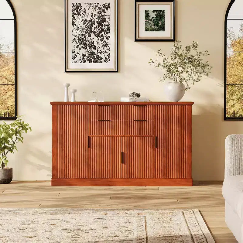 Modern Farmhouse 58 Inch Sideboard Buffet Cabinet with Gold Handles, 4 Doors, 2 Drawers, Adjustable Shelf - Fluted Design Coffee Bar, Dining