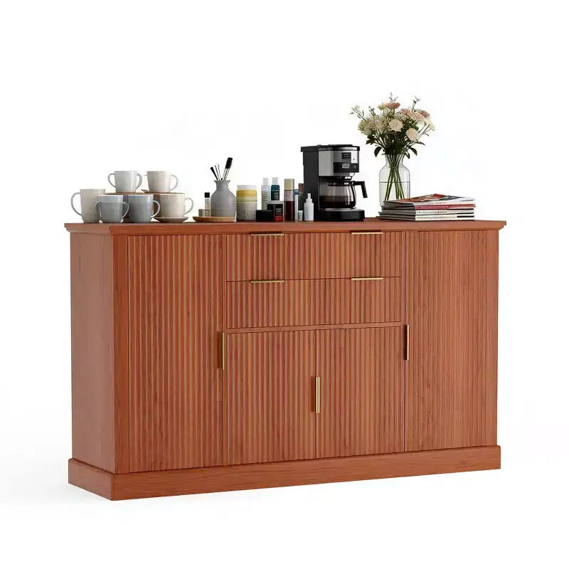 Modern Farmhouse 58 Inch Sideboard Buffet Cabinet with Gold Handles, 4 Doors, 2 Drawers, Adjustable Shelf - Fluted Design Coffee Bar, Dining