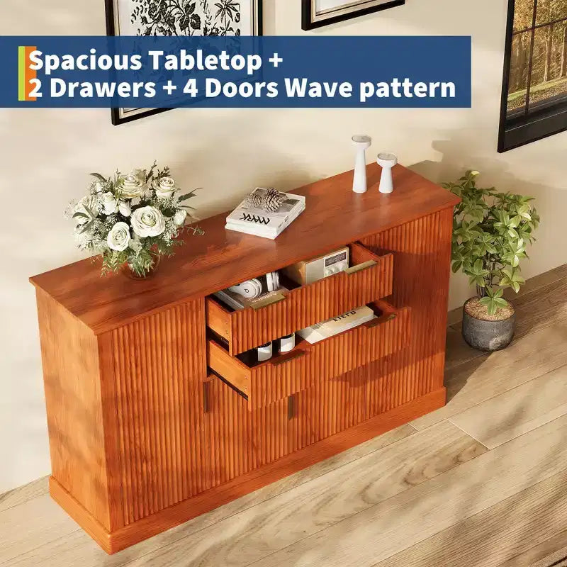 Modern Farmhouse 58 Inch Sideboard Buffet Cabinet with Gold Handles, 4 Doors, 2 Drawers, Adjustable Shelf - Fluted Design Coffee Bar, Dining
