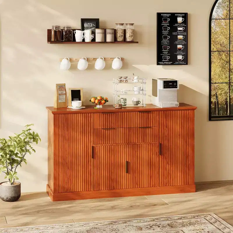 Modern Farmhouse 58 Inch Sideboard Buffet Cabinet with Gold Handles, 4 Doors, 2 Drawers, Adjustable Shelf - Fluted Design Coffee Bar, Dining