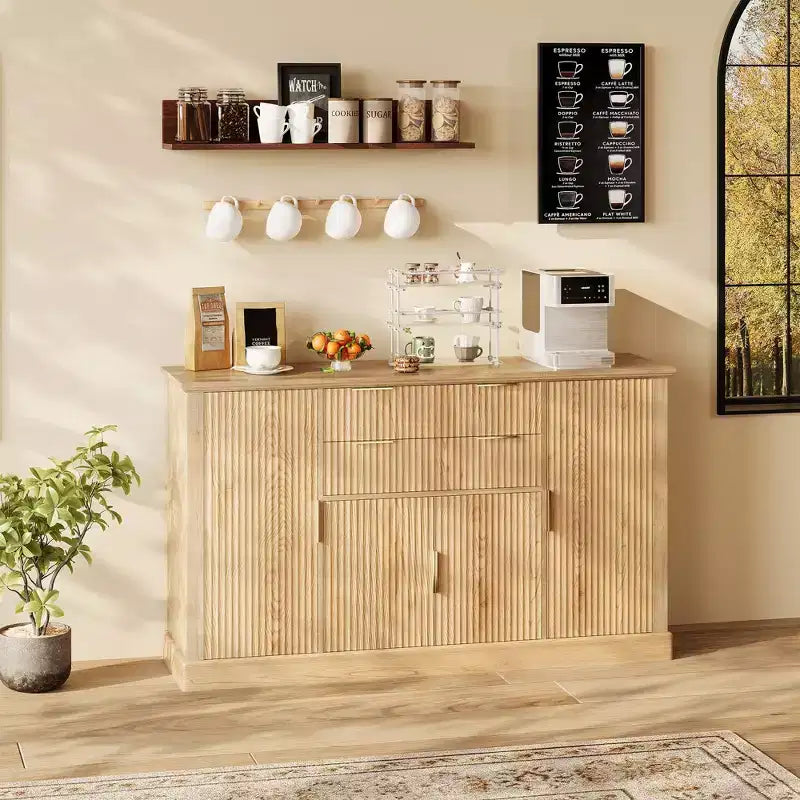 Modern Farmhouse 58 Inch Sideboard Buffet Cabinet with Gold Handles, 4 Doors, 2 Drawers, Adjustable Shelf - Fluted Design Coffee Bar, Dining