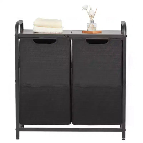 VEVOR 2 Section Laundry Sorter, Large Laundry Hamper with Metal Frame and Wooden Tabletop, Freestanding Storage Organizer Baskets, Black