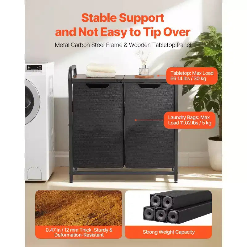 VEVOR 2 Section Laundry Sorter, Large Laundry Hamper with Metal Frame and Wooden Tabletop, Freestanding Storage Organizer Baskets, Black
