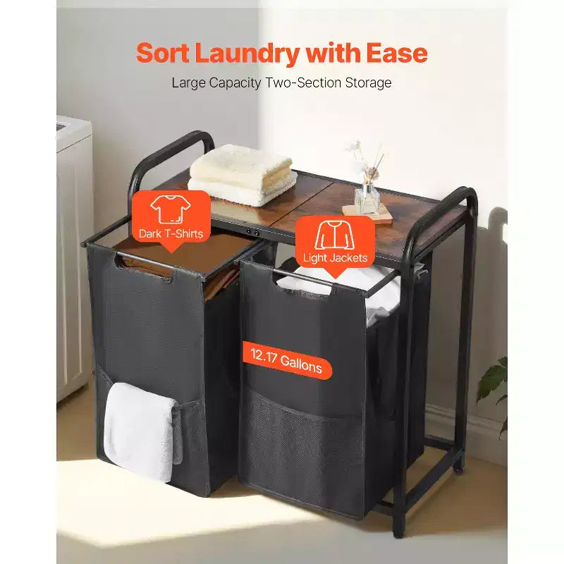 VEVOR 2 Section Laundry Sorter, Large Laundry Hamper with Metal Frame and Wooden Tabletop, Freestanding Storage Organizer Baskets, Black