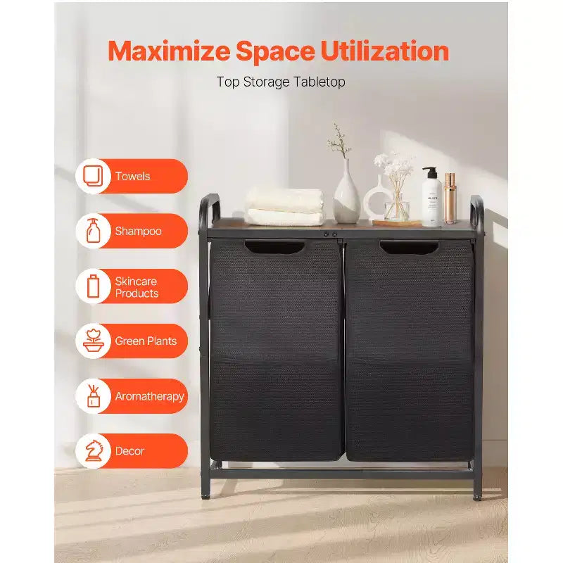 VEVOR 2 Section Laundry Sorter, Large Laundry Hamper with Metal Frame and Wooden Tabletop, Freestanding Storage Organizer Baskets, Black