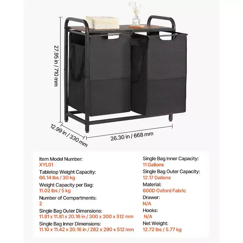 VEVOR 2 Section Laundry Sorter, Large Laundry Hamper with Metal Frame and Wooden Tabletop, Freestanding Storage Organizer Baskets, Black