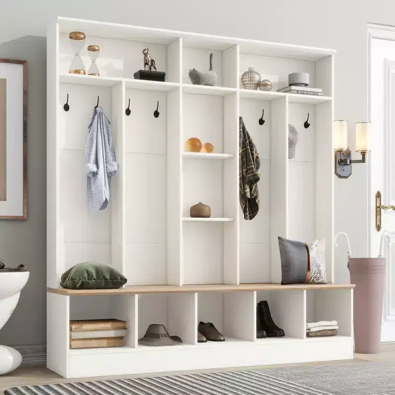 GDFStudio Jessica Multifunctional Wide Design Hall Tree with Storage Bench and Shoe Cabinet