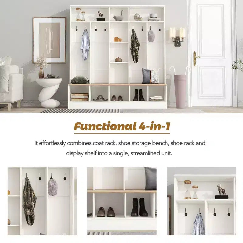 GDFStudio Jessica Multifunctional Wide Design Hall Tree with Storage Bench and Shoe Cabinet
