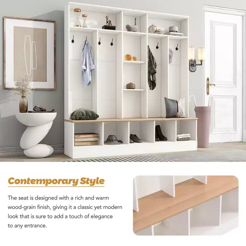 GDFStudio Jessica Multifunctional Wide Design Hall Tree with Storage Bench and Shoe Cabinet