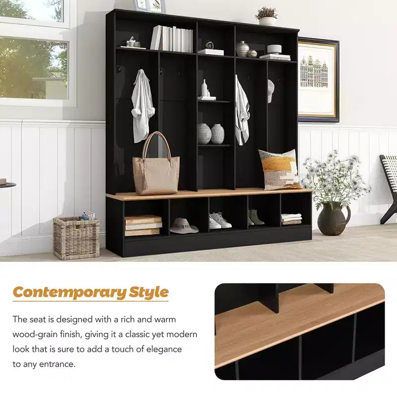 GDFStudio Jessica Multifunctional Wide Design Hall Tree with Storage Bench and Shoe Cabinet