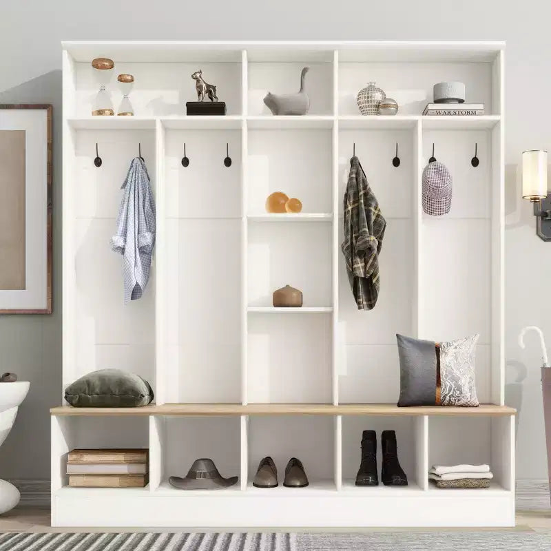 GDFStudio Jessica Multifunctional Wide Design Hall Tree with Storage Bench and Shoe Cabinet