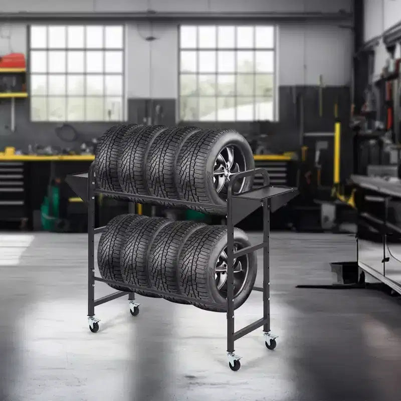 Tire Rack, 500 lb Capacity, Adjustable Rolling tire Storage Rack with 2 Shelves & 4 Swivel Casters for Garage, SUV & Truck Tires, Black
