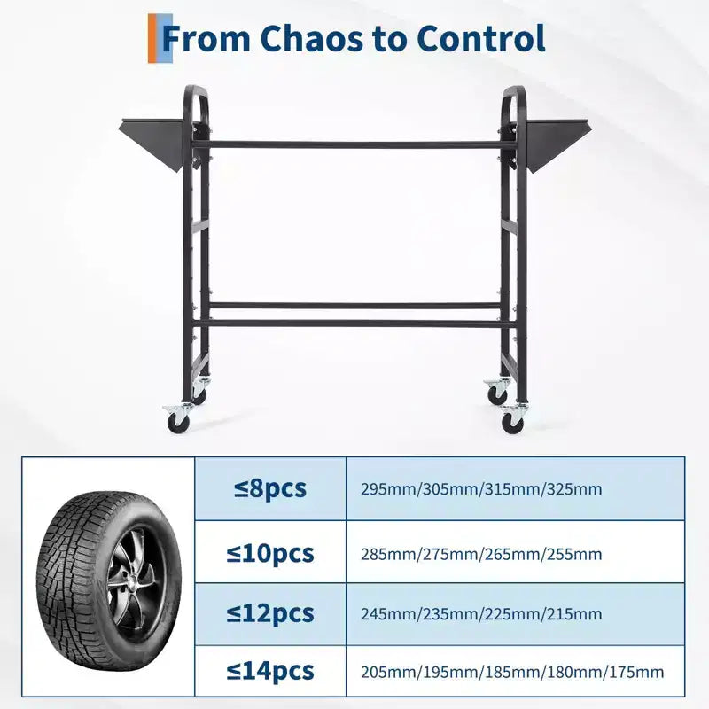 Tire Rack, 500 lb Capacity, Adjustable Rolling tire Storage Rack with 2 Shelves & 4 Swivel Casters for Garage, SUV & Truck Tires, Black