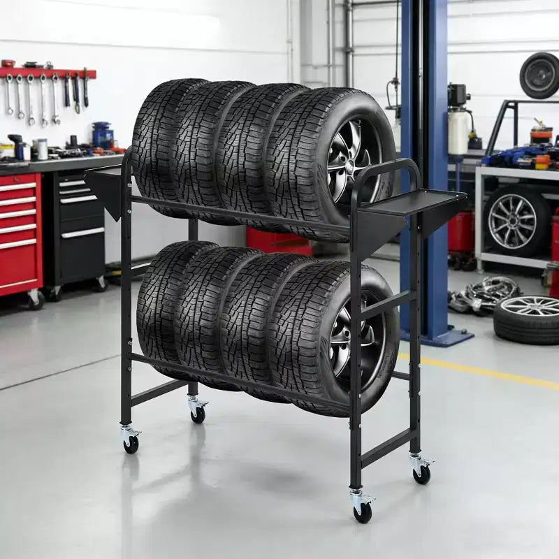 Tire Rack, 500 lb Capacity, Adjustable Rolling tire Storage Rack with 2 Shelves & 4 Swivel Casters for Garage, SUV & Truck Tires, Black