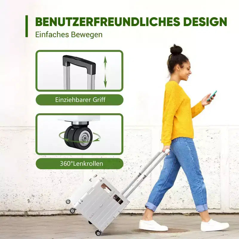 65 L White Foldable Utility Shopping Cart with Adjustable Handle and Swivel Wheels Portable Rolling Cart for Groceries Laundry and Travel