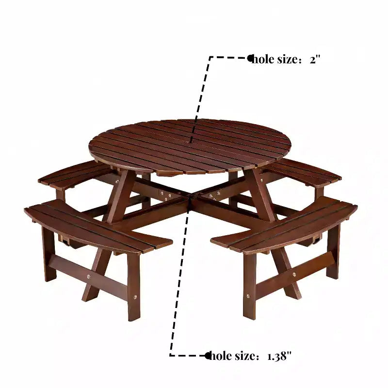 Outdoor 8 Person Picnic Table with Built-in Benches, Round Design, for Patio or Porch