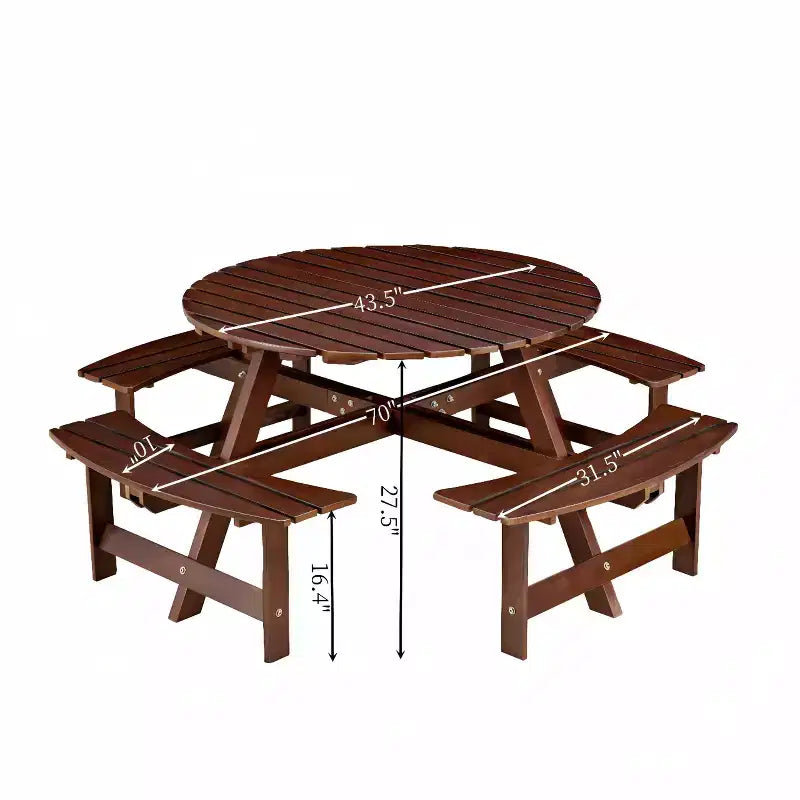 Outdoor 8 Person Picnic Table with Built-in Benches, Round Design, for Patio or Porch