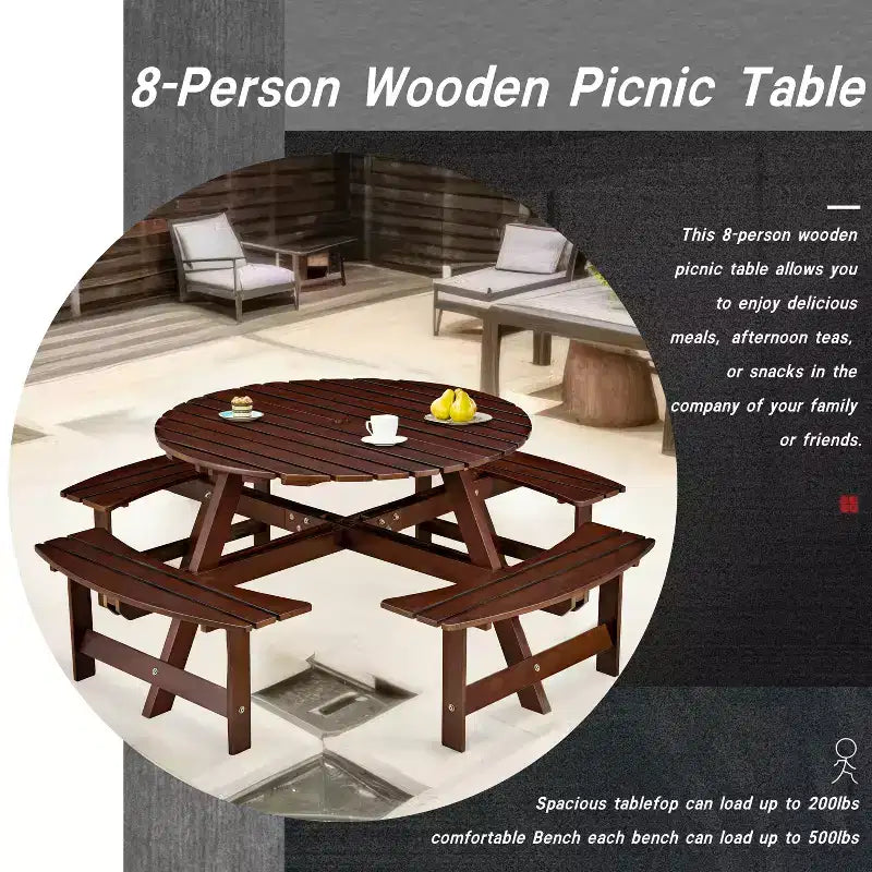 Outdoor 8 Person Picnic Table with Built-in Benches, Round Design, for Patio or Porch