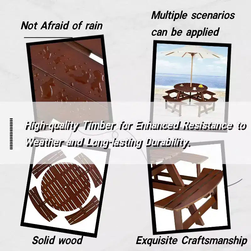 Outdoor 8 Person Picnic Table with Built-in Benches, Round Design, for Patio or Porch