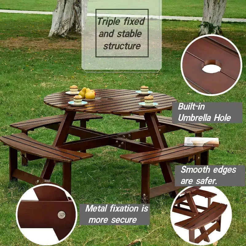 Outdoor 8 Person Picnic Table with Built-in Benches, Round Design, for Patio or Porch
