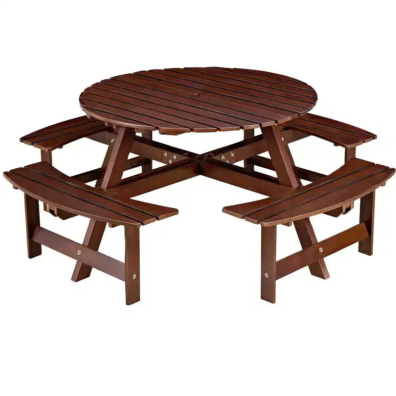 Outdoor 8 Person Picnic Table with Built-in Benches, Round Design, for Patio or Porch