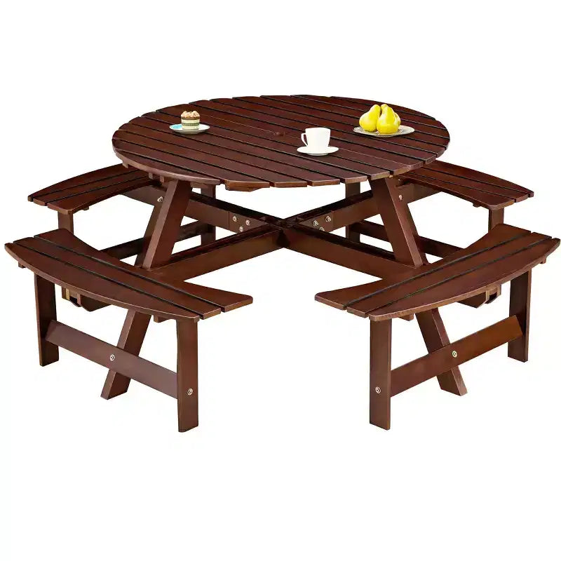 Outdoor 8 Person Picnic Table with Built-in Benches, Round Design, for Patio or Porch