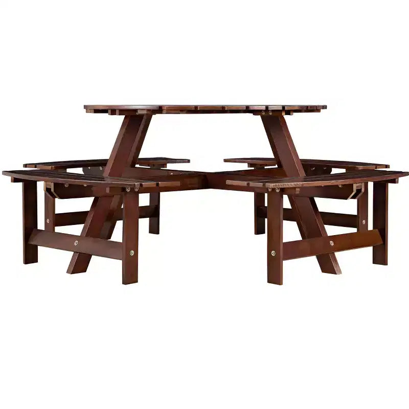 Outdoor 8 Person Picnic Table with Built-in Benches, Round Design, for Patio or Porch